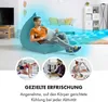 Collage showing a person relaxing on a beanbag chair with airflow graphic, a woman doing exercise, a man working on a laptop, and a child playing. Produktbild-Vorschau