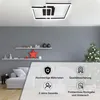 A modern living room with a ceiling light, shelves, and furniture, overlaid with marketing icons and text. Náhľad obrázku produktu