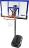 A portable basketball hoop with a clear backboard and black base. Produktbild-Vorschau