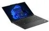 A black Lenovo ThinkPad E14 Gen 5 laptop is shown from a slightly elevated angle, with its screen open and displaying a blue abstract image. Produktbild-Vorschau