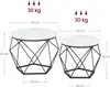 Two round coffee tables with geometric metal bases, shown with dimensions and weight capacity. Produktbild-Vorschau