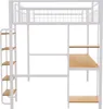 A white metal loft bed with wooden shelves and a desk. Náhled obrázku produktu