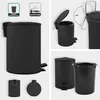 Collage of images showing a black pedal bin from different angles and with feature callouts. Produktbild-Vorschau
