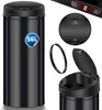 A collage of images showing a black automatic sensor trash can from different angles, including a close-up of the lid and a digital display. Produktbild-Vorschau