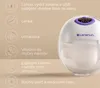 A product shot of a white and purple electric breast pump with text and icons describing its features. Produktbild-Vorschau