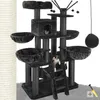 A multi-level cat tree with various platforms, perches, and hanging toys, set against a white background. Two cats are visible on the structure. Náhled obrázku produktu
