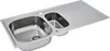 A stainless steel kitchen sink with two basins and a draining board, shown from a diagonal angle against a white background. Produktbild-Vorschau