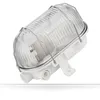 A white outdoor light fixture with a clear, ribbed glass cover and a metal protective cage, shown against a white background. Produktbild-Vorschau