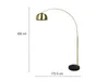 A floor lamp with a curved arm and a gold shade, standing on a black base, with dimensions indicated. Anteprima dell’immagine prodotto
