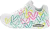 A side view of a white Skechers sneaker with a colorful heart pattern. Produktbild-Vorschau