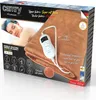 The image shows the packaging of a Camry CR 7435 single heating under-blanket. A woman is shown sleeping on a bed with the blanket, and various features of the blanket are highlighted with text and icons. Produktbild-Vorschau