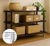A three-tier shelf unit with various storage items and a plant, with a close-up inset showing a furniture foot. Produktbild-Vorschau