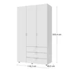 A white three-door wardrobe with three drawers at the bottom, shown with dimensions indicated. Produktbild-Vorschau