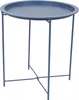 A blue metal side table with a round tray top and a cross-legged base, shown against a white background. Produktbild-Vorschau