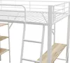 A close-up view of a white metal loft bed with a wooden desk and shelves underneath. Anteprima dell’immagine prodotto
