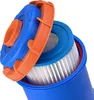 A close-up view of a pool filter pump with its lid open, revealing the filter cartridge inside. Produktbild-Vorschau