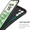 A black silicone phone case is shown diagonally, with the screen of a Xiaomi Redmi 15 5G phone visible on the left. Text describing the phone's features is displayed on the screen, and text describing the case's features is on the right. Podgląd zdjęcia produktu