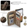 A close-up of a brown leather wallet case for a smartphone, showing its card slots, zipper pocket, and magnetic closure. Produktbild-Vorschau