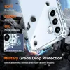 A clear phone case is shown with graphics and text highlighting its protective features against drops. Produktbild-Vorschau