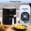 A product shot of an air fryer with dimensions and capacity information, alongside food items. Produktbild-Vorschau