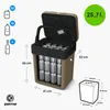 A tan and black PEME Essential 26 Liter electric cooler box is shown open, displaying its interior filled with cans. Dimensions and capacity are indicated with text and arrows. A separate diagram shows the dimensions of a box. Anteprima dell’immagine prodotto