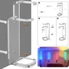 A clear acrylic stand for displaying lightsabers, shown with assembly instructions and a lifestyle shot of lightsabers on display. Voir les images du produit