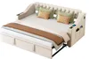 A beige upholstered sofa bed is shown from a slightly elevated angle, with the bed extended. Anteprima dell’immagine prodotto