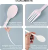 A collage of four images showcasing different features of plastic cutlery, with German text descriptions. Produktbild-Vorschau