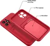 A red iPhone case is shown from an angled top-down view, with labels pointing out its features. Produktbild-Vorschau