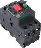 A close-up, angled view of a black motor protection circuit breaker with green and red buttons, mounted on a white background. Voir les images du produit