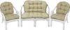 A set of white rattan furniture with beige cushions, consisting of two armchairs and a loveseat, displayed against a white background. Produktbild-Vorschau