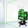 A 3D laser level is shown projecting green lines onto the walls and floor of a room, indicating its leveling capabilities. Náhľad obrázku produktu