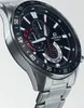 A close-up, angled shot of a Casio Edifice chronograph watch with a black dial and stainless steel bracelet, set against a plain white background. Voir les images du produit