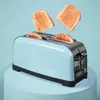A light blue toaster with toast popping out of it, set against a light blue background. Voir les images du produit