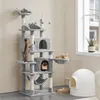 A multi-level cat tree with several cats interacting with it, placed in a room with a window. Produktbild-Vorschau