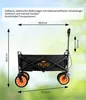 A black foldable electric wagon with orange wheels is shown with dimensions indicated by arrows and text. Produktbild-Vorschau