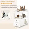 A white rolling cart with drawers and shelves, decorated with various items, shown with a close-up of a wheel and text highlighting features. Produktbild-Vorschau