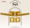 A product image showcasing gold-colored door handles and rosettes against a light beige and white background with graphic elements. Produktbild-Vorschau