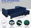 A dark blue sectional sofa is shown in its extended bed form, with four circular icons at the bottom highlighting features. Produktbild-Vorschau