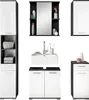 A collection of bathroom furniture, including a tall cabinet, a wall-mounted cabinet with a mirror, a sink with a faucet, and a vanity cabinet. Produktbild-Vorschau