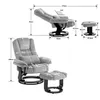 A collage of images showing a gray recliner chair and ottoman from different angles, with dimension labels. A separate image shows the recliner chair in a reclined position with dimensions. Produktbild-Vorschau