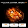 An interior view of an air fryer with a chicken and vegetables cooking, highlighted by glowing heating elements and a fan. Produktbild-Vorschau