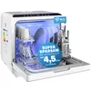 A white countertop dishwasher is shown with its door open, displaying dishes inside. Blue light illuminates the interior. Promotional text and a Wi-Fi icon are overlaid on the image. Produktbild-Vorschau