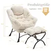 A beige armchair and ottoman with dimensions indicated by lines and text. Produktbild-Vorschau