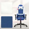 A blue and white gaming chair with close-up views of its material textures. Produktbild-Vorschau