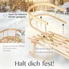 A wooden sled in the snow, with text overlays highlighting features. Produktbild-Vorschau