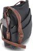 A dark blue handbag with brown leather straps and a heart-shaped charm. Produktbild-Vorschau