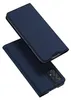 A dark blue flip case for a smartphone is shown from a diagonal angle, with the case open to reveal the phone's camera module. Náhľad obrázku produktu