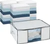Stacks of folded bedding in various colors and a clear storage box containing folded bedding. Produktbild-Vorschau