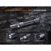 A flashlight is displayed on a textured, dark background, with callouts highlighting its features. Produktbild-Vorschau
